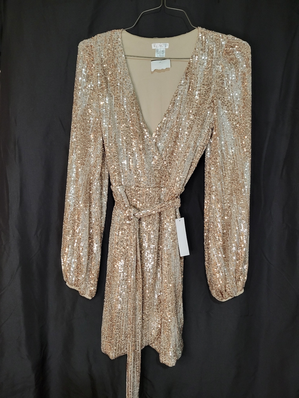 VENUS Champagne Sequin Wrap Mini Dress.  Size: Sm